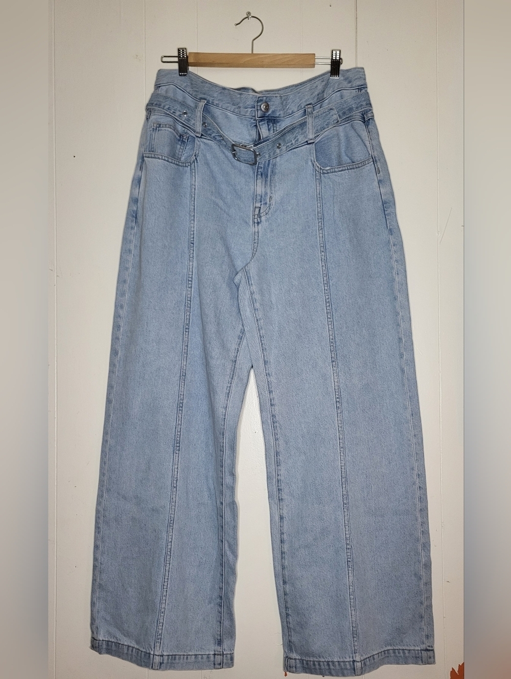 Madewell Light Blue High-Rise Wide Leg Jeans with Belt Detail